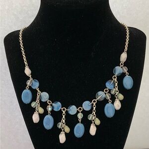 Necklace, blue, white and silver, dangle. Adjustable size.